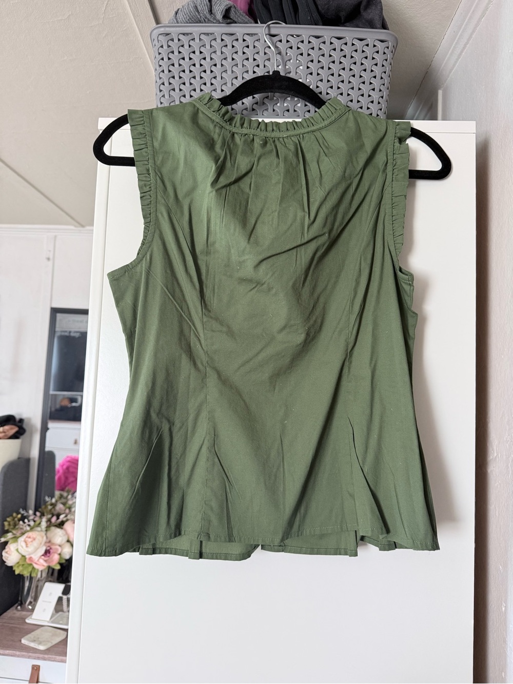 J. Crew Olive Green Sleeveless Ruffle Tie-Neck Blouse - Picture 3 of 7
